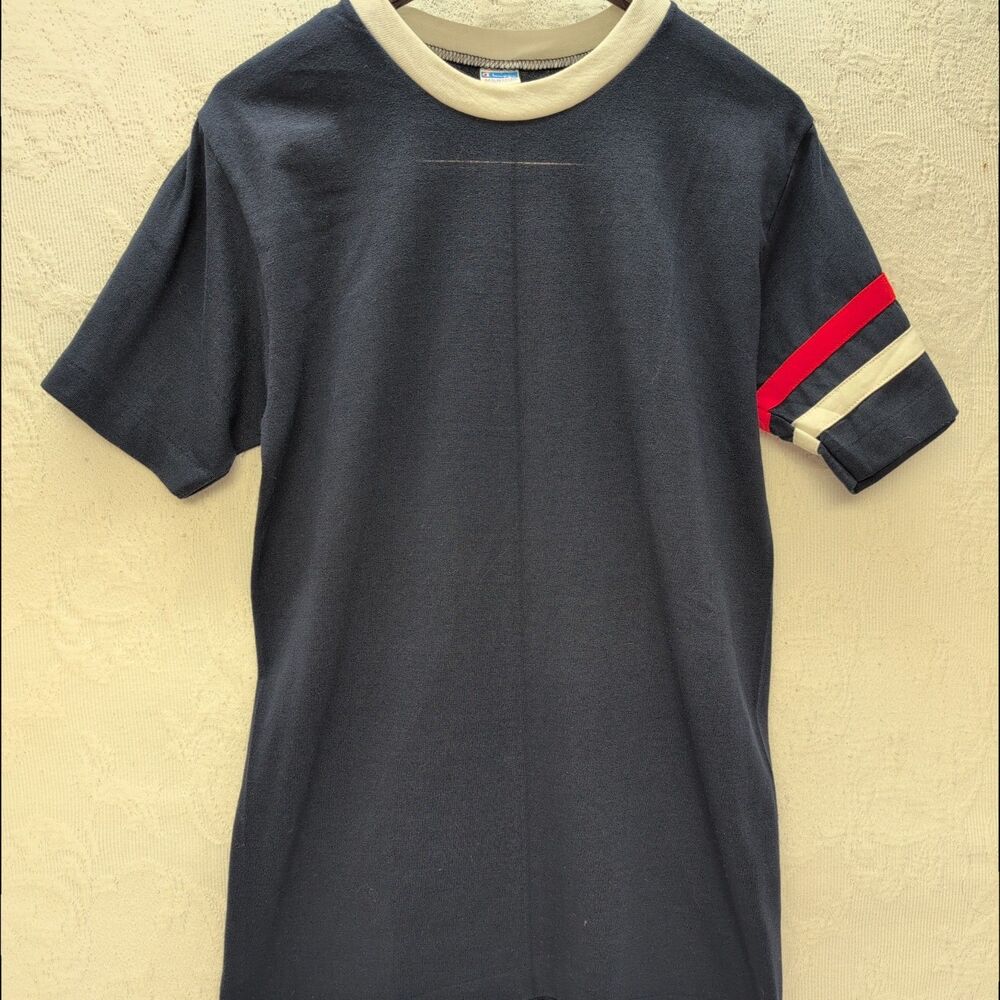 Vintage Champion Blue Red White Striped 70s Shirt Mens Medium Classic Fit Casual